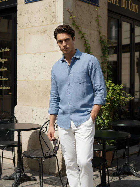 CELIO Men Regular Fit Solid 100% Linen Blue Shirt