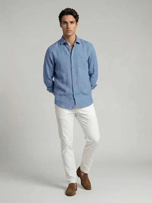 CELIO Men Regular Fit Solid 100% Linen Blue Shirt
