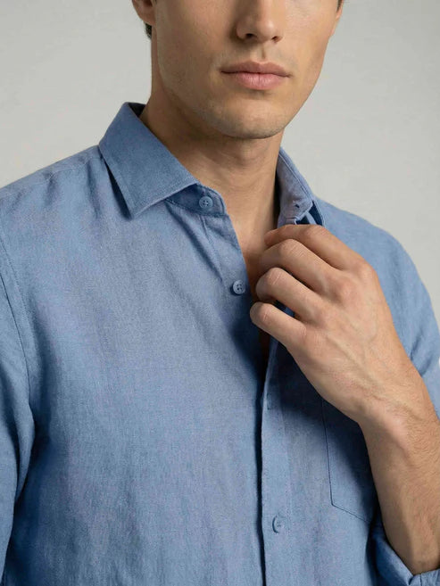 CELIO Men Regular Fit Solid 100% Linen Blue Shirt