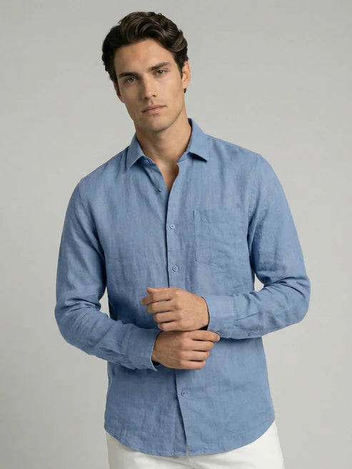 CELIO Men Regular Fit Solid 100% Linen Blue Shirt