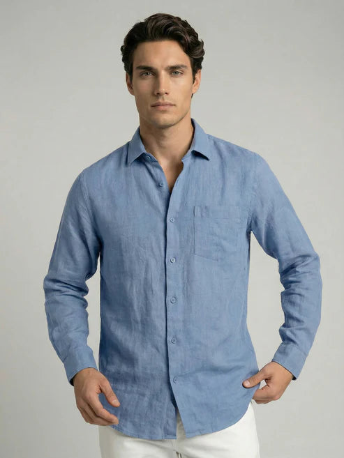CELIO Men Regular Fit Solid 100% Linen Blue Shirt