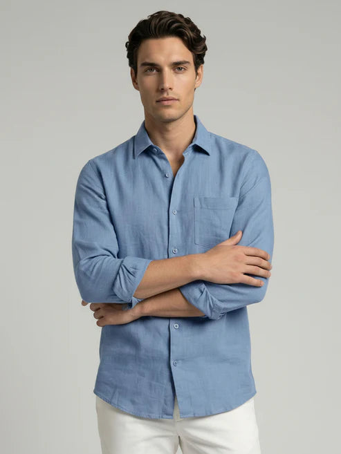 CELIO Men Regular Fit Solid 100% Linen Blue Shirt