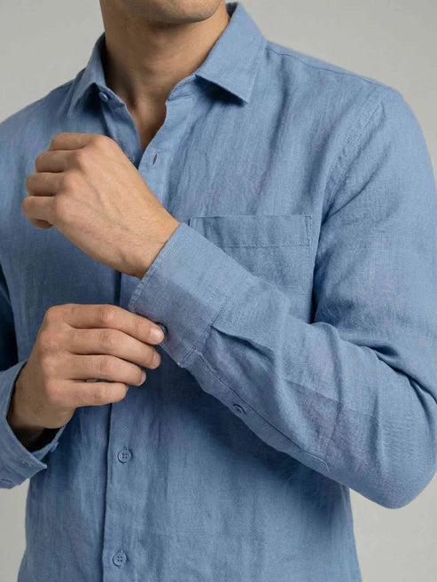 CELIO Men Regular Fit Solid 100% Linen Blue Shirt