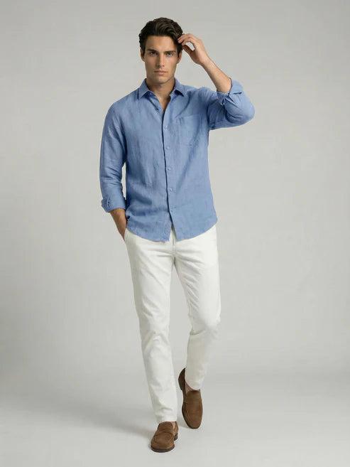 CELIO Men Regular Fit Solid 100% Linen Blue Shirt