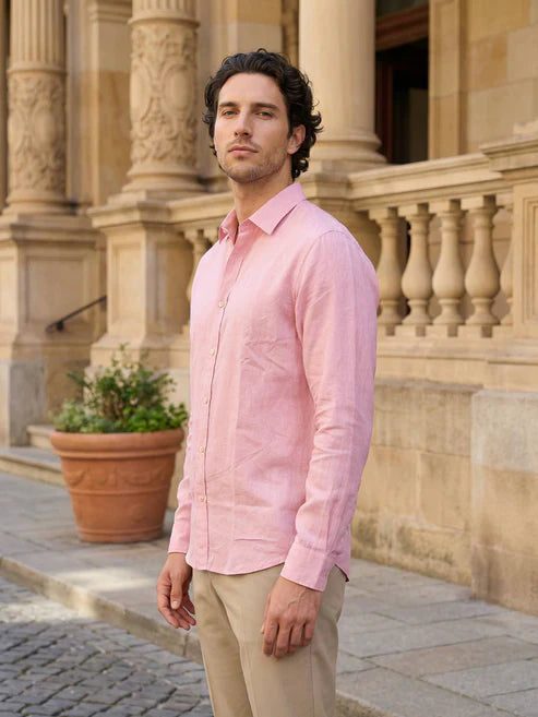 Celio Men Pink Solid Regular Fit Linen Shirts