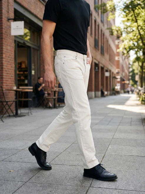 CELIO Men Off White Solid Straight Fit Cotton Jeans