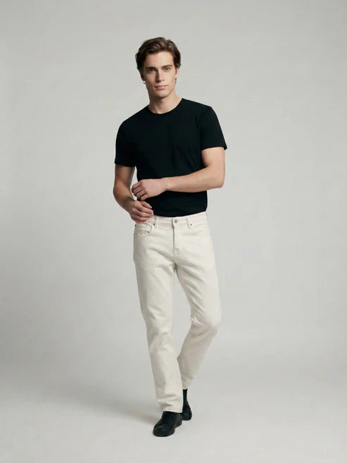 CELIO Men Off White Solid Straight Fit Cotton Jeans