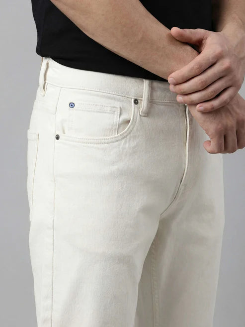 CELIO Men Off White Solid Straight Fit Cotton Jeans