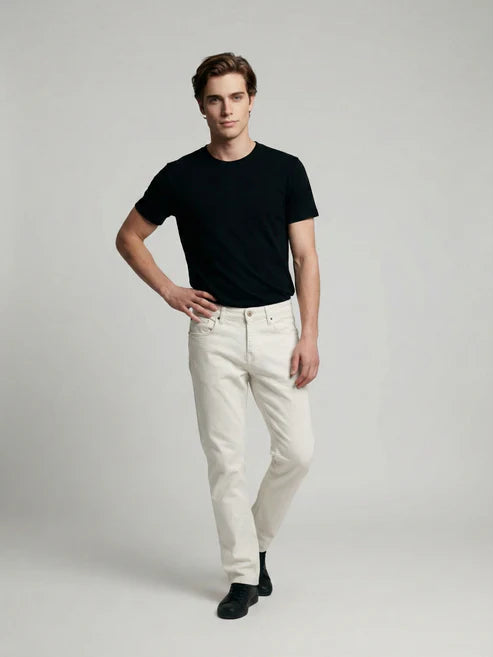 CELIO Men Off White Solid Straight Fit Cotton Jeans
