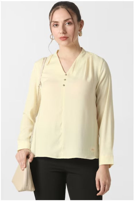 VAN HEUSEN Women Yellow Textured Formal V Neck Top