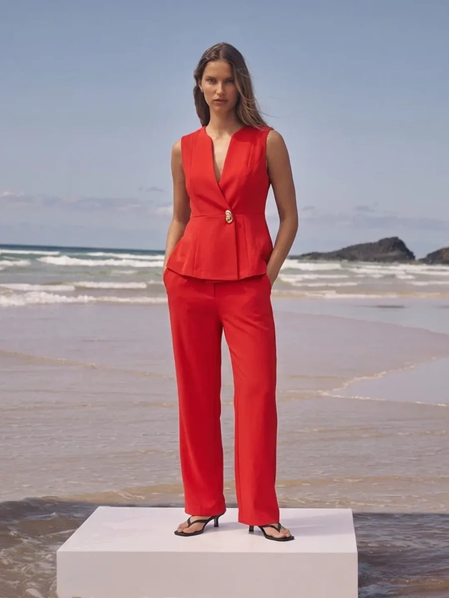 MADAME Red Tailored Vestcoat Co-Ord Set for Women