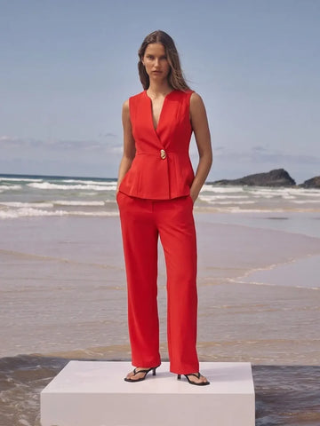 MADAME Red Tailored Vestcoat Co-Ord Set for Women