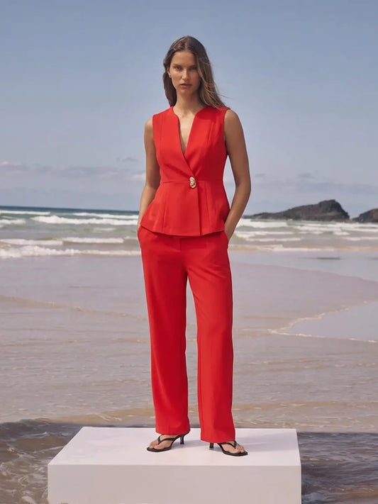 MADAME Red Tailored Vestcoat Co-Ord Set for Women