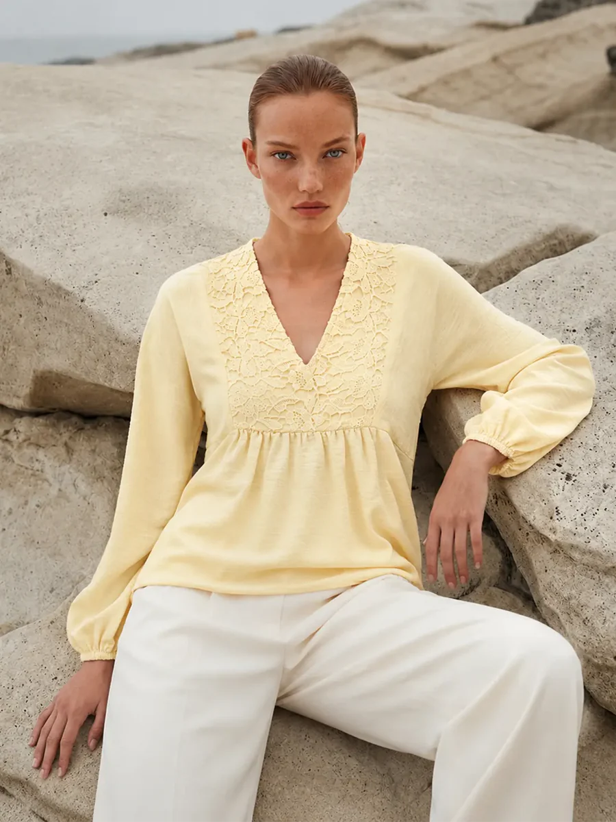 MADAME Yellow Printed Puff-Sleeve Top