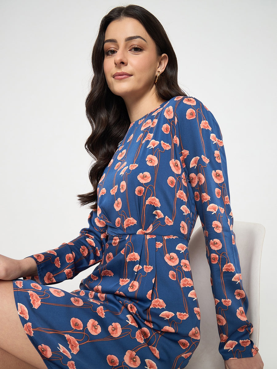 Madame Blue Printed Rayon Flared Dress