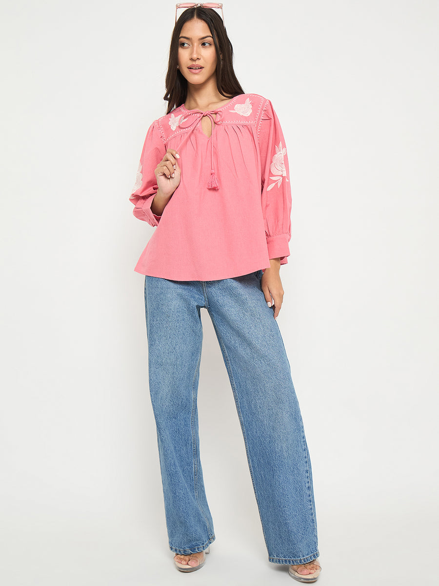 Madame Tie Neck Floral Embroidery Coral Top