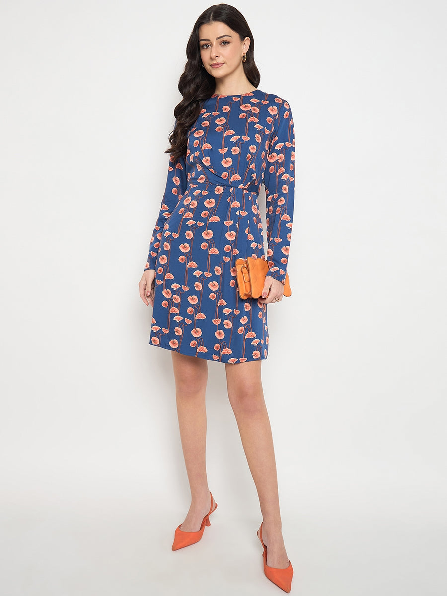 Madame Blue Printed Rayon Flared Dress