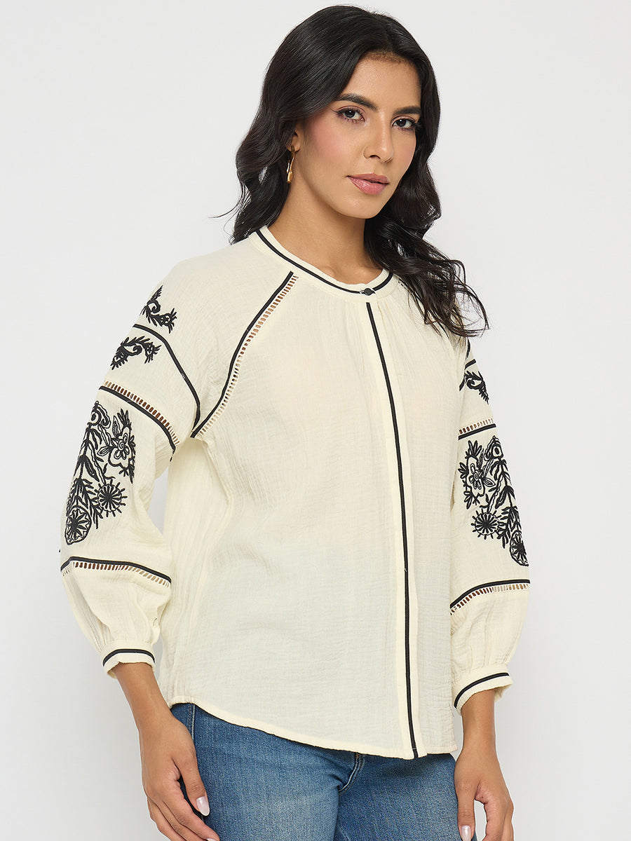 Madame Embroidered Pleat Detailing Off White Cotton Top
