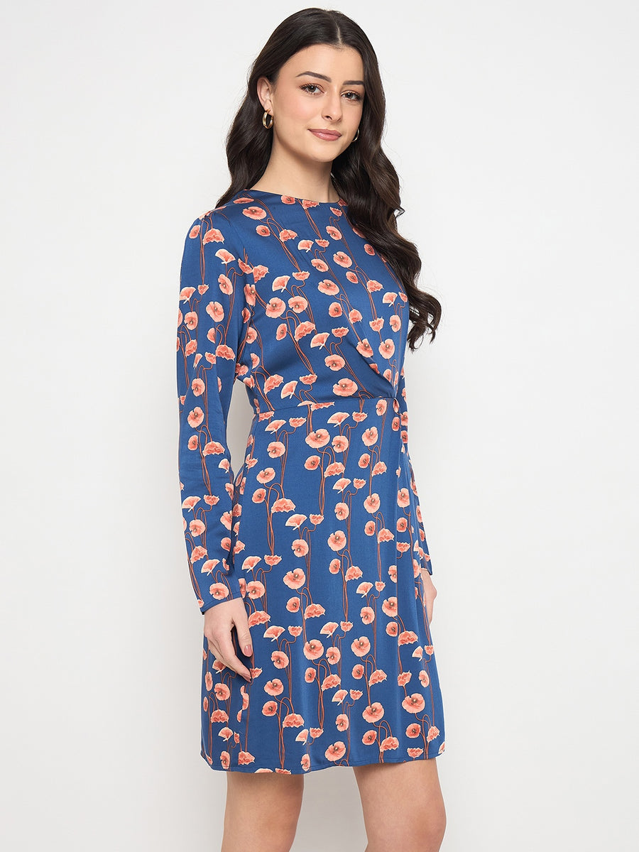 Madame Blue Printed Rayon Flared Dress