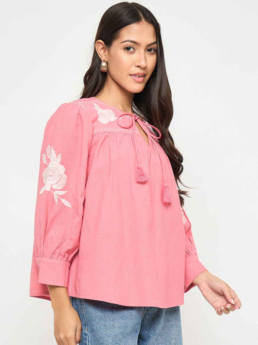 Madame Tie Neck Floral Embroidery Coral Top