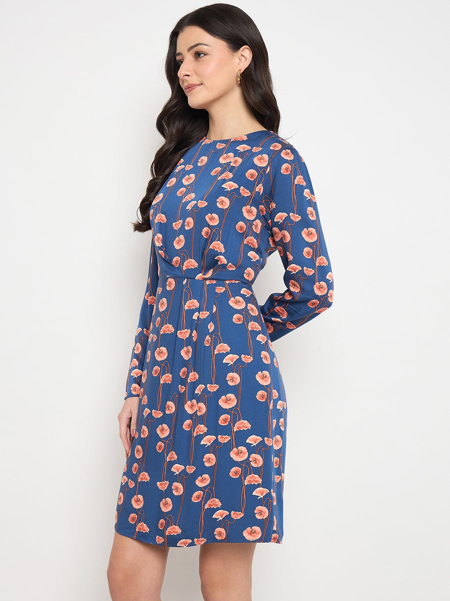 Madame Blue Printed Rayon Flared Dress