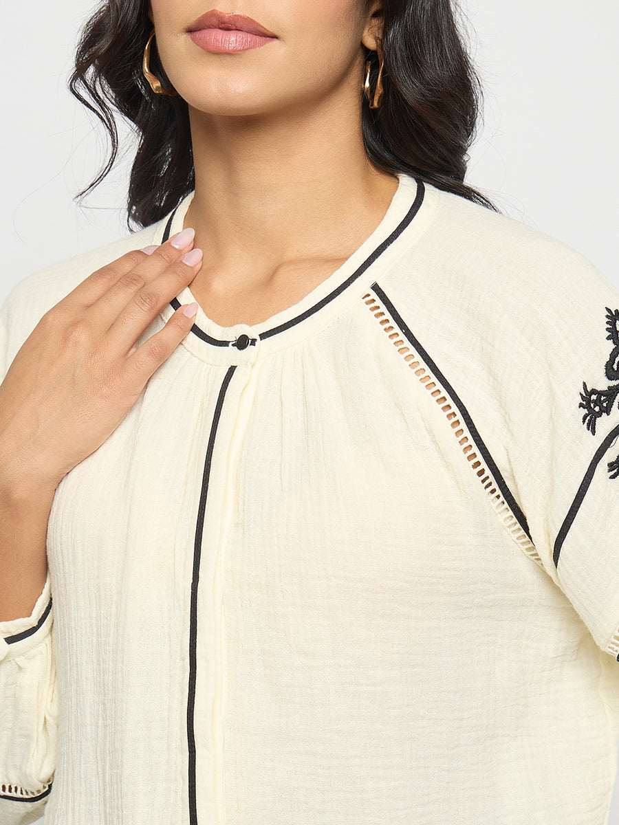 Madame Embroidered Pleat Detailing Off White Cotton Top