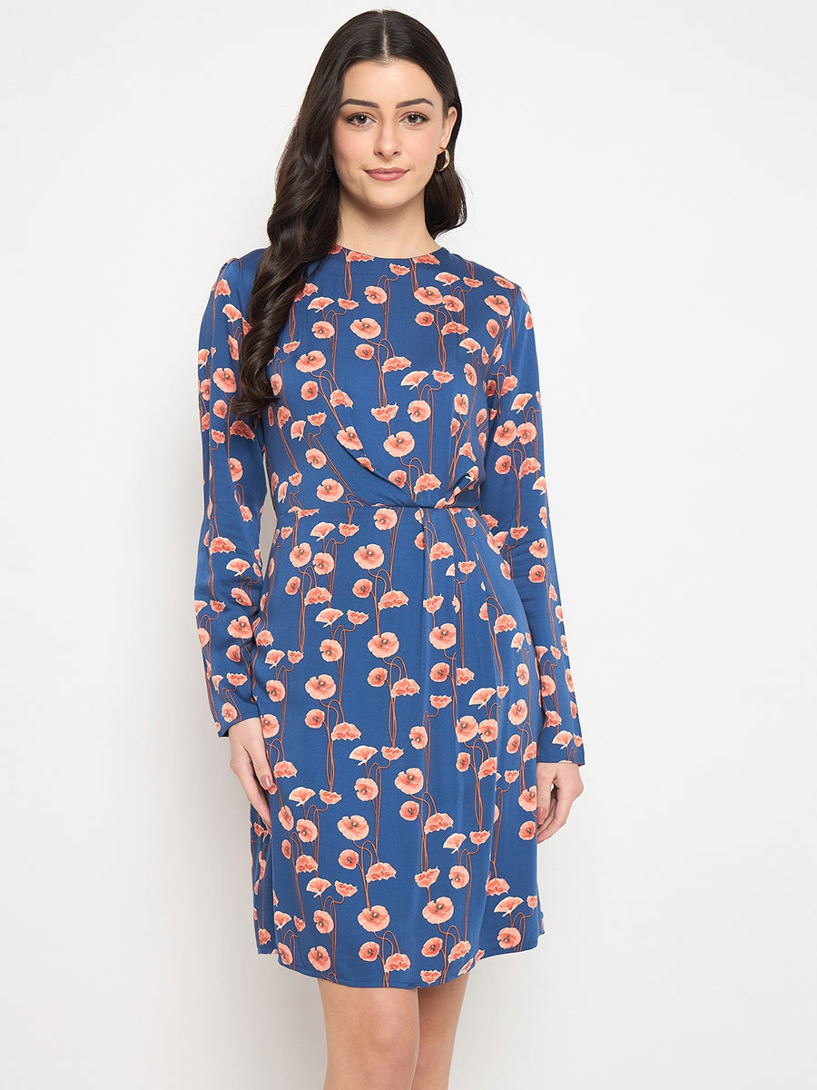 Madame Blue Printed Rayon Flared Dress