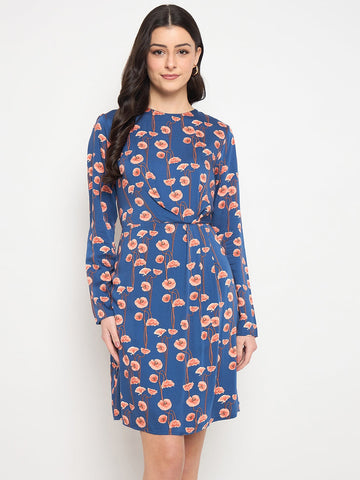 Madame Blue Printed Rayon Flared Dress TRIAL DRESS