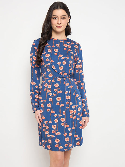 Madame Blue Printed Rayon Flared Dress